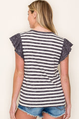 Charcoal Ribbed Striped Flutter Sleeve Top