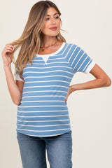 Blue Striped Contrast Border Maternity Top