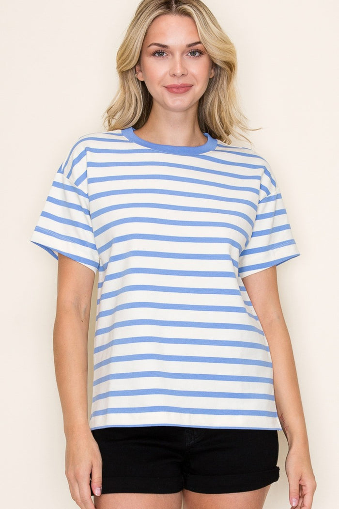 Blue Striped Terry Short Sleeve Top