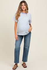 Blue Striped Terry Maternity Short Sleeve Top