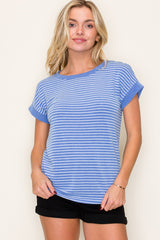 Blue Striped Terry Maternity Short Sleeve Top