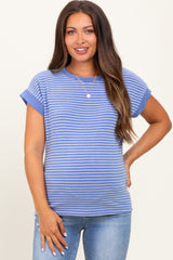 Blue Striped Terry Maternity Short Sleeve Top