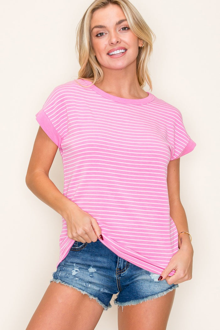 Pink Striped Terry Short Sleeve Top