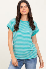 Green Striped Terry Maternity Short Sleeve Top
