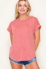 Light Coral Rolled Cuff Short Sleeve Top