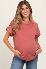 Light Coral Rolled Cuff Short Sleeve Maternity Top