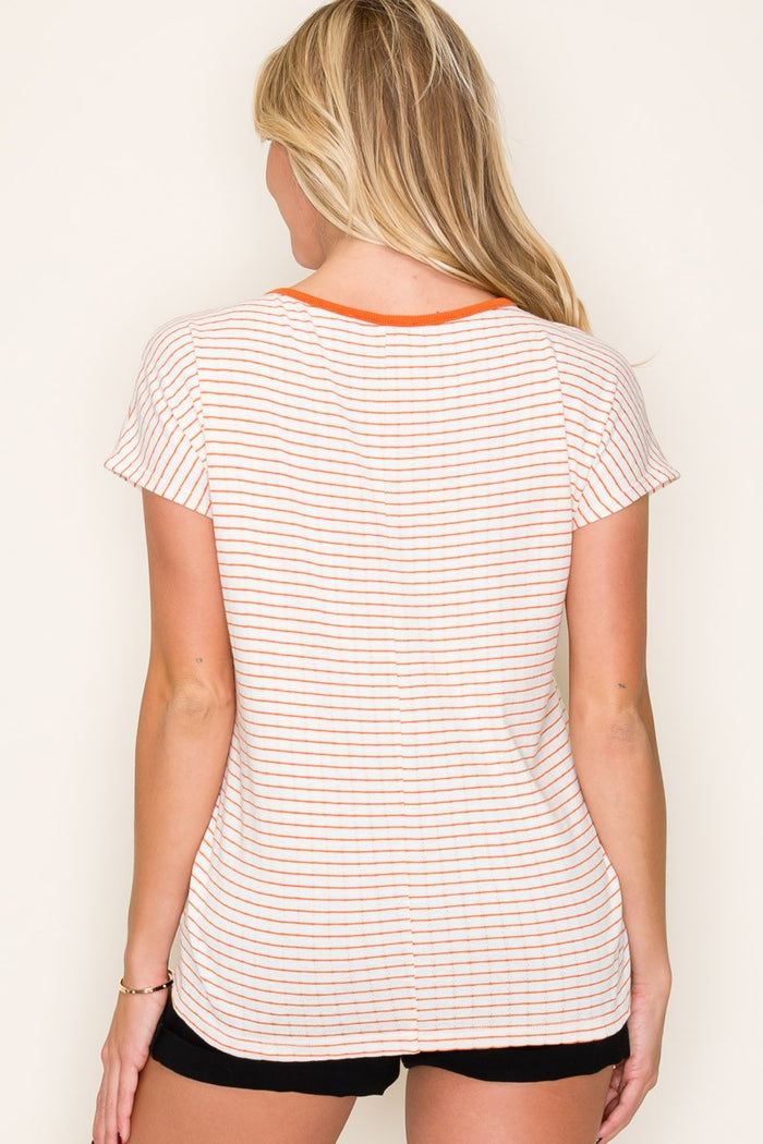 Orange Striped Knit Short Sleeve Top
