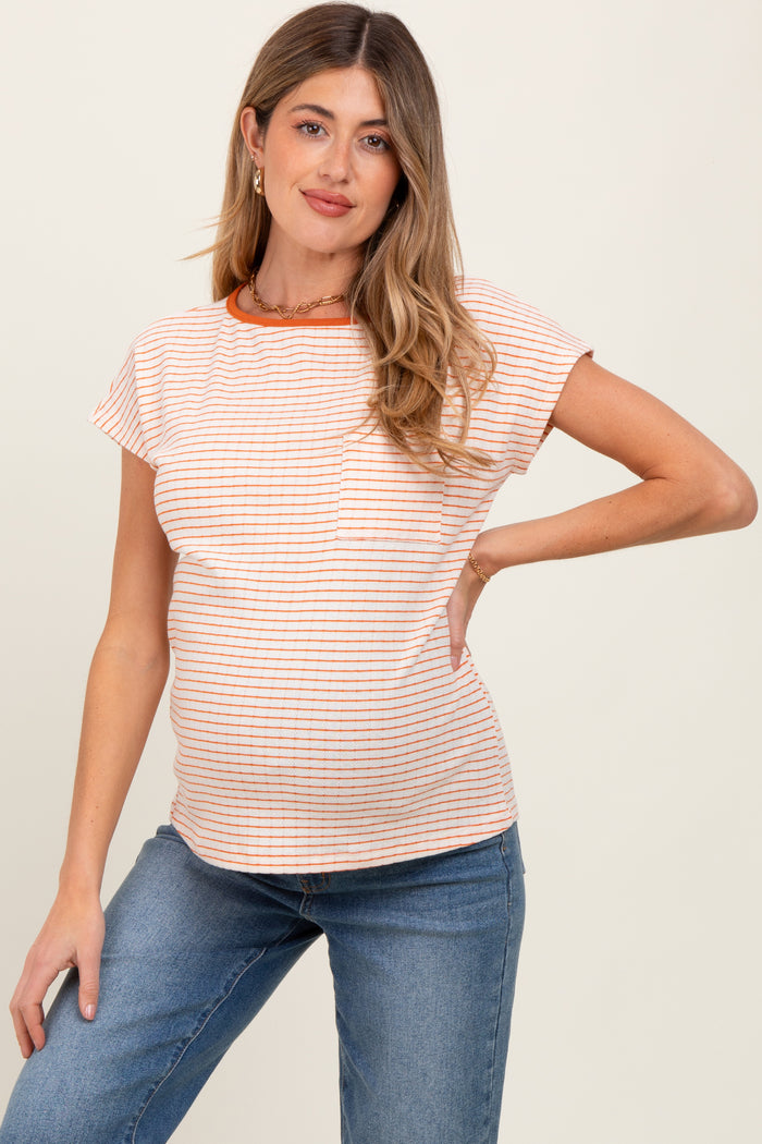 Orange Striped Knit Maternity Short Sleeve Top