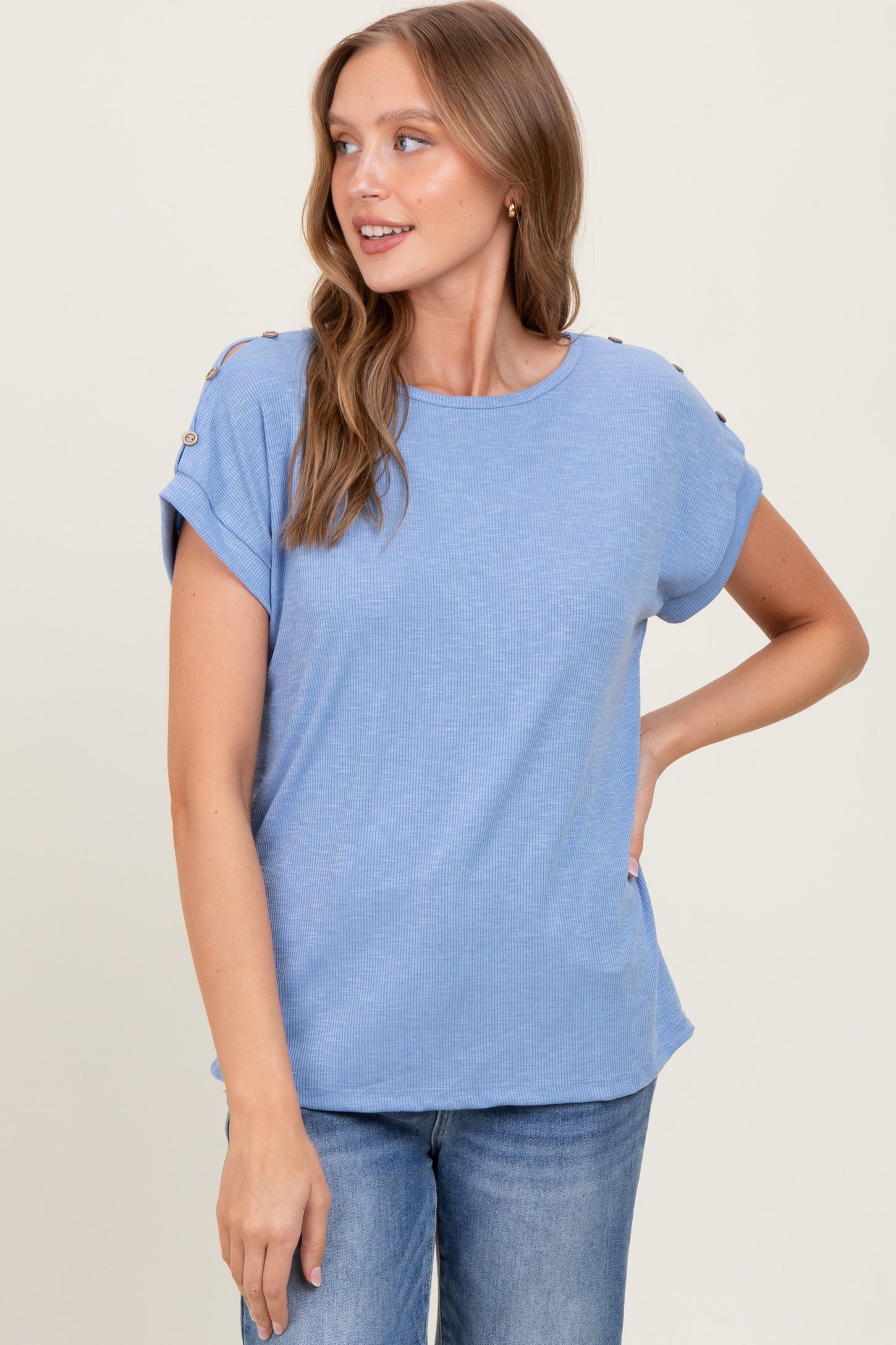 Blue Button Shoulder Detail Maternity Short Sleeve Top