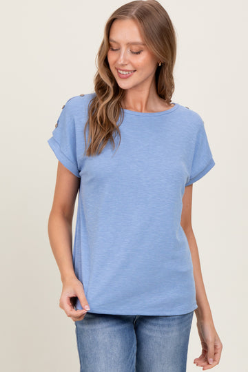 Blue Button Shoulder Detail Short Sleeve Top