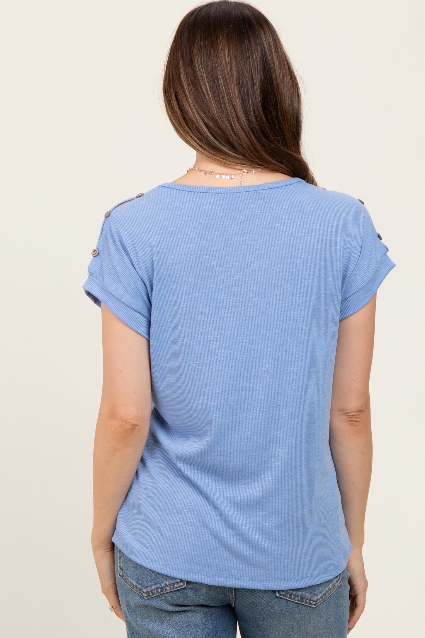 Blue Button Shoulder Detail Maternity Short Sleeve Top