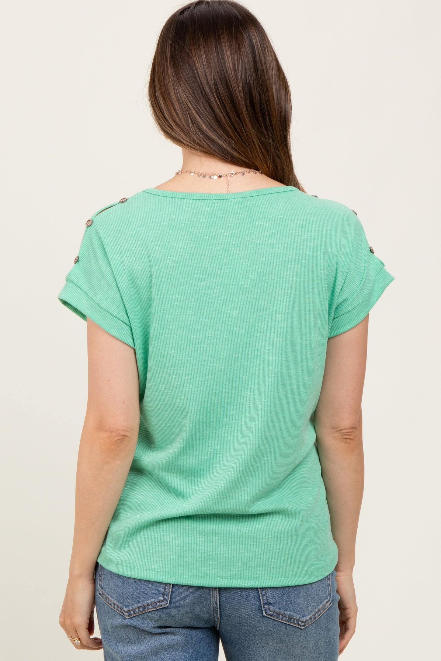 Green Button Shoulder Detail Maternity Short Sleeve Top