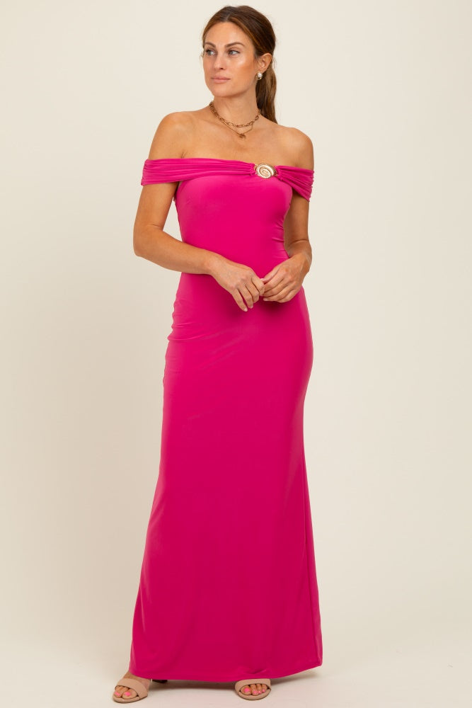Fuchsia Off Shoulder Seashell Pendant Maxi Dress