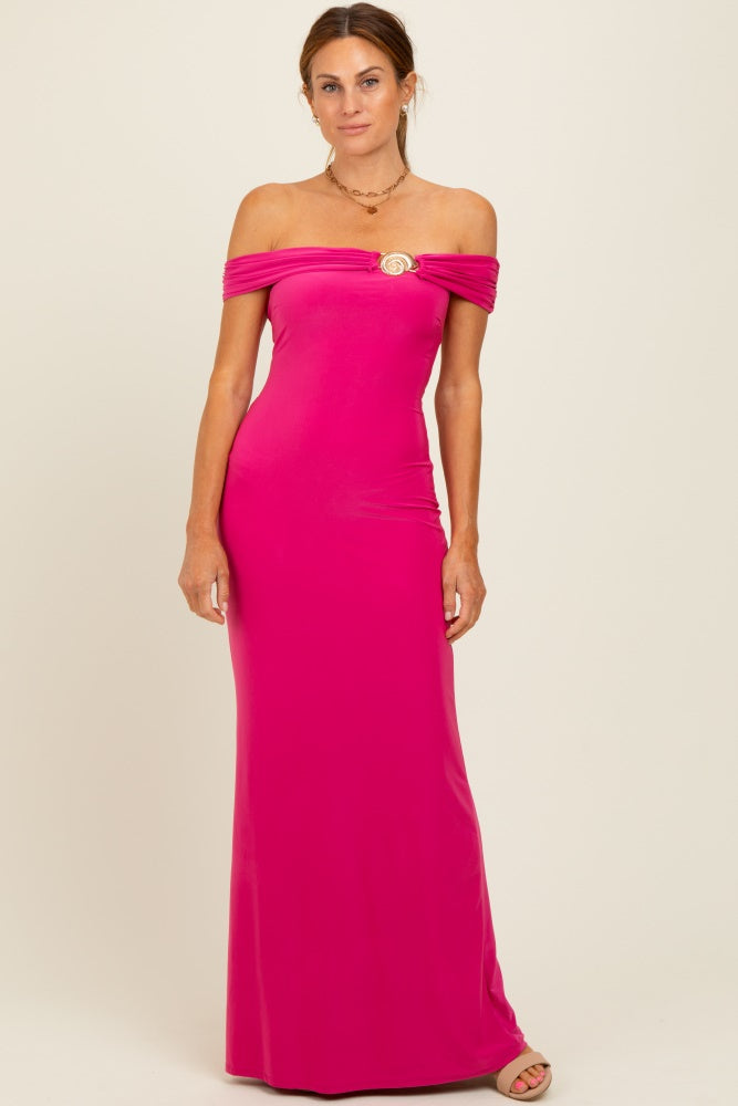 Fuchsia Off Shoulder Seashell Pendant Maxi Dress