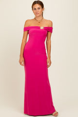 Fuchsia Off Shoulder Seashell Pendant Maxi Dress