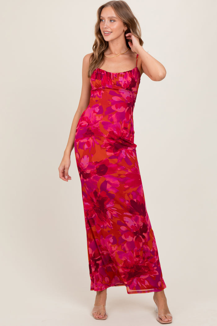Magenta Floral Back Cutout Midi Dress