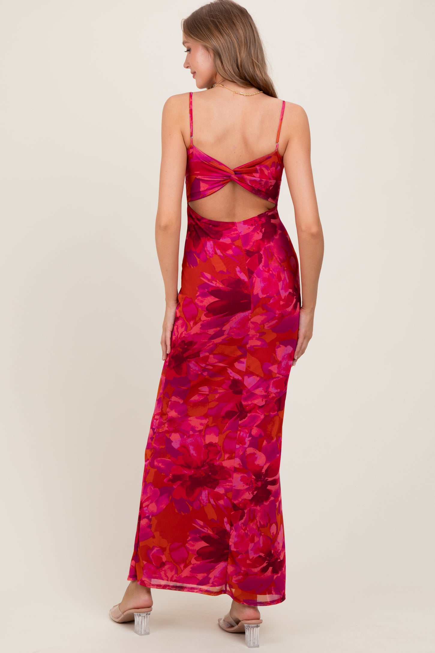 Magenta Floral Back Cutout Midi Dress