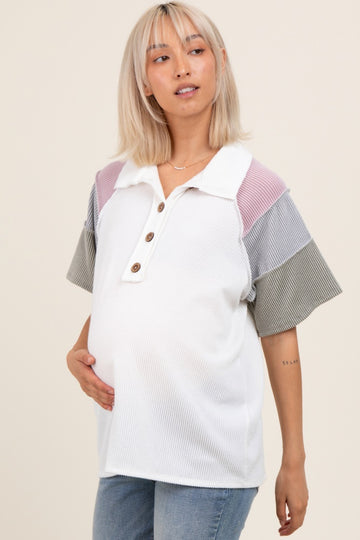 Ivory Solid Ribbed Color Block Button Down Short Sleeve Maternity Top
