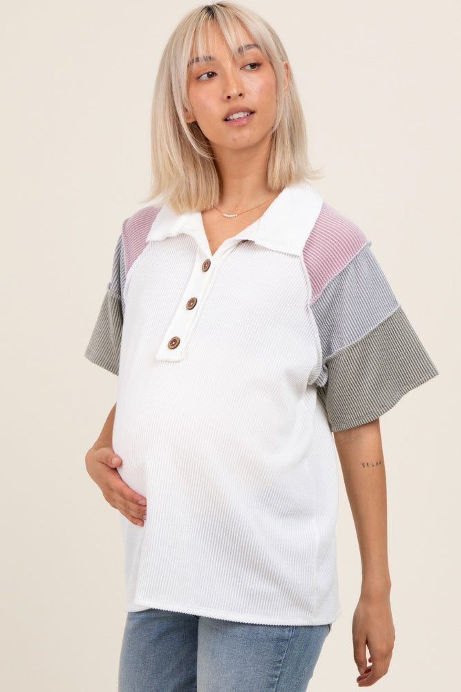 Ivory Solid Ribbed Color Block Button Down Short Sleeve Maternity Top