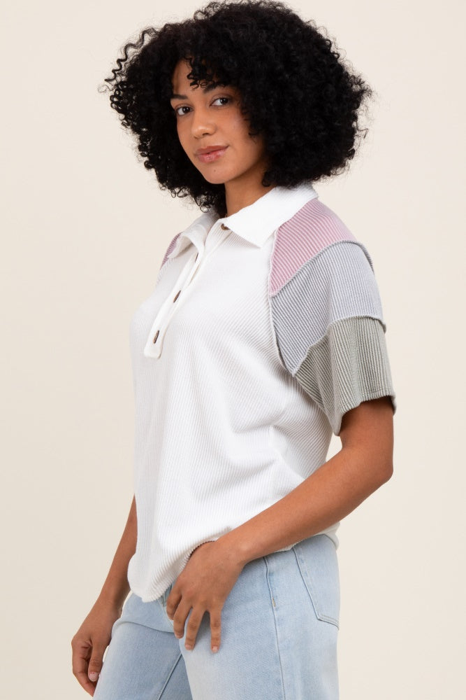 Ivory Solid Ribbed Color Block Button Down Short Sleeve Top