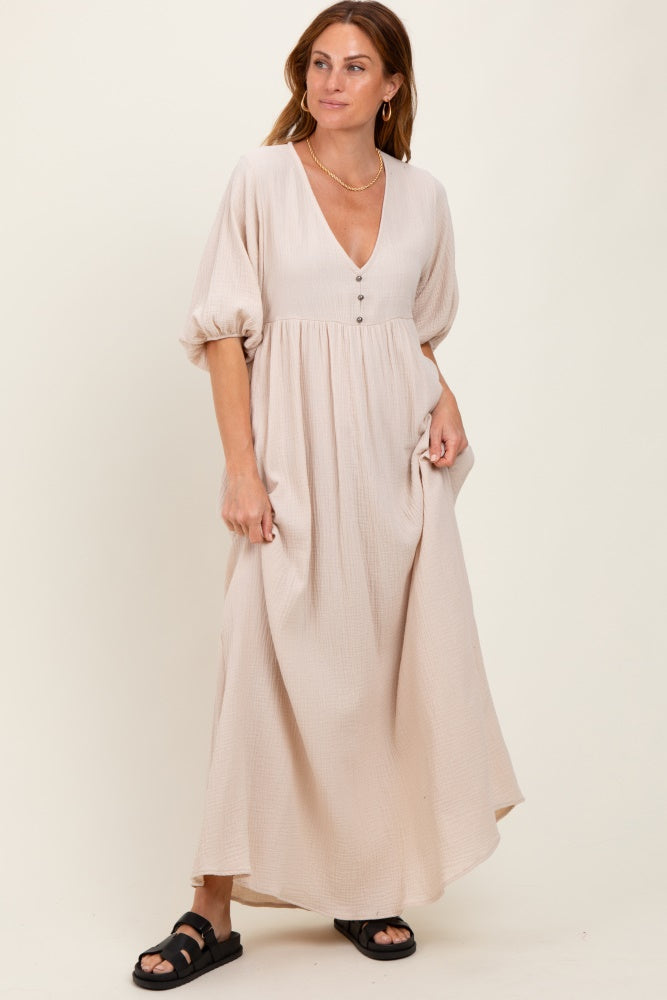 Beige Solid Woven Elbow Sleeve V-Neck Button Down Maxi Dress