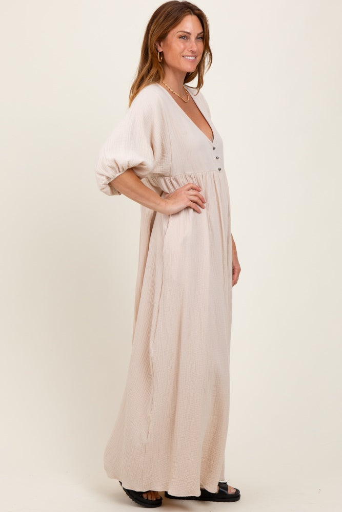 Beige Solid Woven Elbow Sleeve V-Neck Button Down Maxi Dress