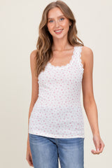 Ivory Ditzy Floral Ribbed Sleeveless Lace Trim Tank Top