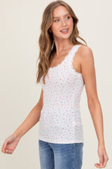 Ivory Ditzy Floral Ribbed Sleeveless Lace Trim Tank Top