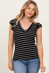 Black/Ivory Stripe Ribbed Ruffle Sleeve V-Neck Top