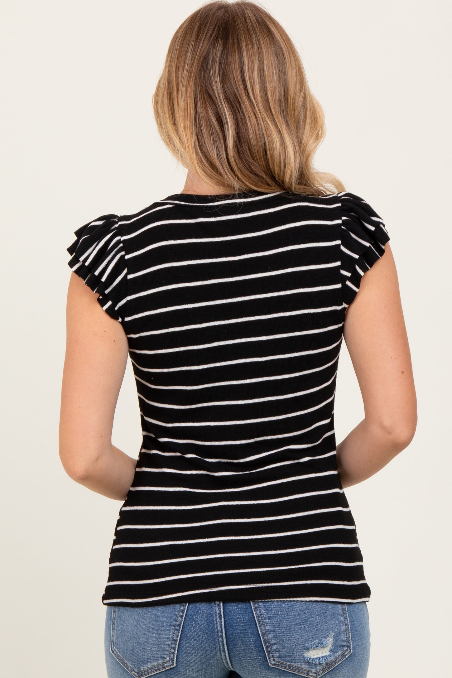Black/Ivory Stripe Ribbed Ruffle Sleeve V-Neck Top