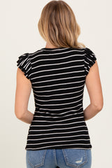 Black/Ivory Stripe Ribbed Ruffle Sleeve V-Neck Top