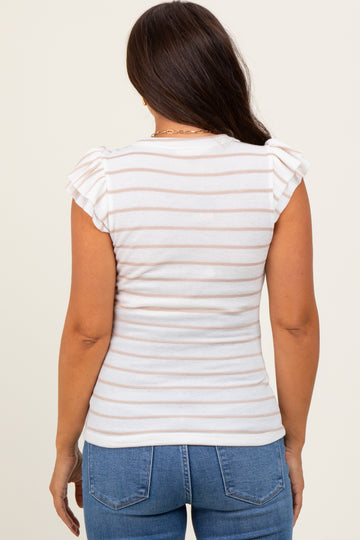 Ivory/Mocha Stripe Ribbed Ruffle Sleeve V-Neck Maternity Top