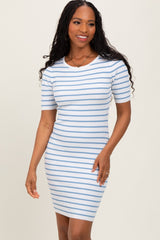 Blue Striped Ribbed Knit Short Sleeve Mini Dress