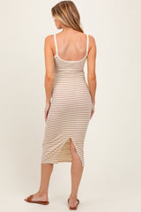 Cream Striped Thin Strap Fitted Maternity Midi Dress