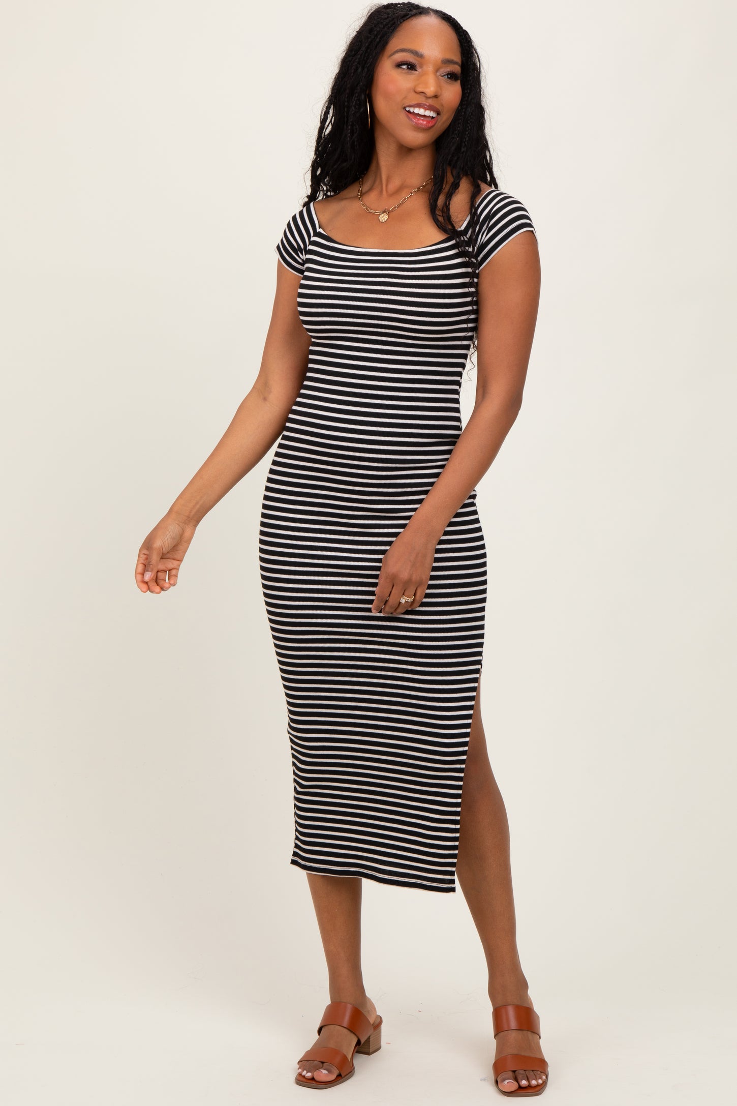 Black Striped Off Shoulder Side Slit Maternity Midi Dress