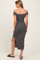 Black Striped Off Shoulder Side Slit Maternity Midi Dress