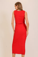 Red Textured Shoulder Detail Midi Dress