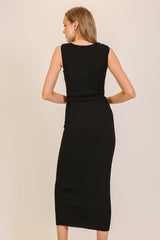 Black Textured Shoulder Detail Midi Dress