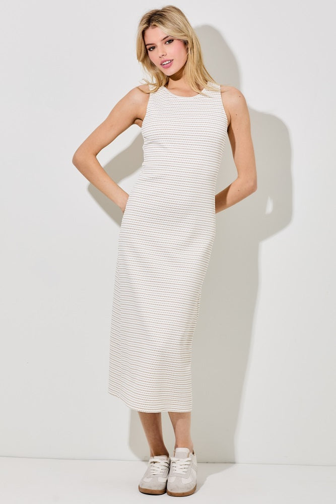 Light Taupe Striped Dot Maternity Midi Dress