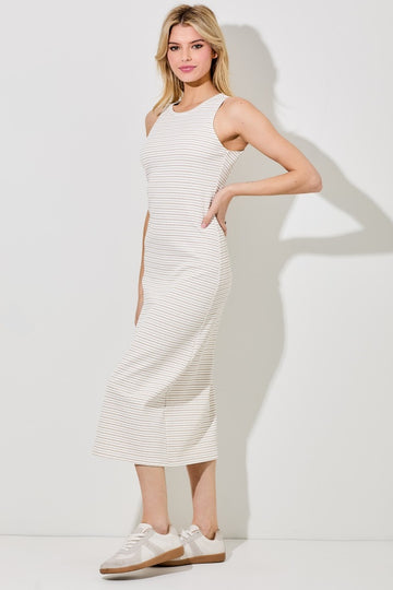 Light Taupe Striped Dot Midi Dress