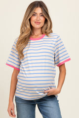 Blue Striped Contrast Trim Short Sleeve Maternity Tee
