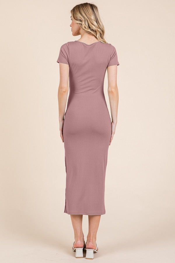 Mauve Short Sleeve Side Button Ribbed Midi Dress