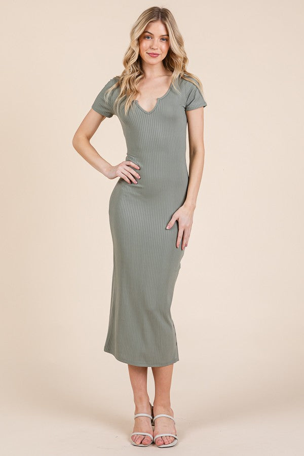 Olive Short Sleeve Side Button Ribbed Maternity Midi Dress