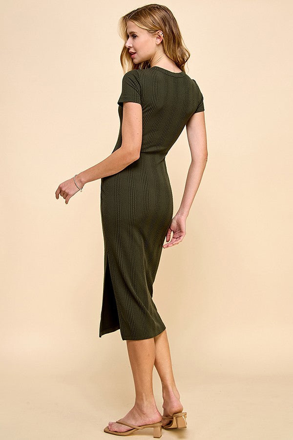 Olive Crew Neck Bubble Knit Ribbed Maternity Midi Dress