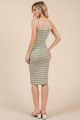 Light Olive Striped Sleeveless Double Layered Midi Dress