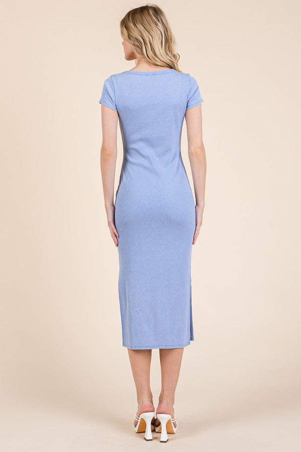 Light Blue Scoop Neck Short Sleeve Mineral Wash Midi Dress
