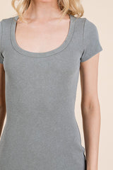 Light Olive Scoop Neck Short Sleeve Mineral Wash Midi Dress