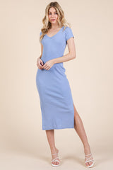 Light Blue V Neck Mineral Wash Side Slit Maternity Midi Dress