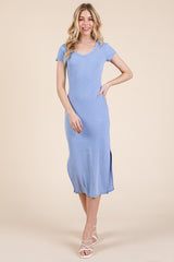Light Blue V Neck Mineral Wash Side Slit Midi Dress