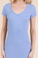 Light Blue V Neck Mineral Wash Side Slit Midi Dress